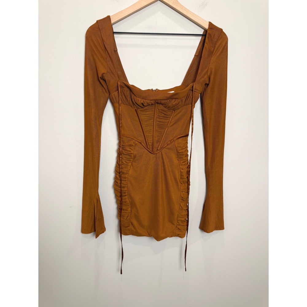 Oh Polly Corset Long Sleeve Mesh Mini Dress Baddie Hot Rouched Sheer Brown 2 - Picture 2 of 13